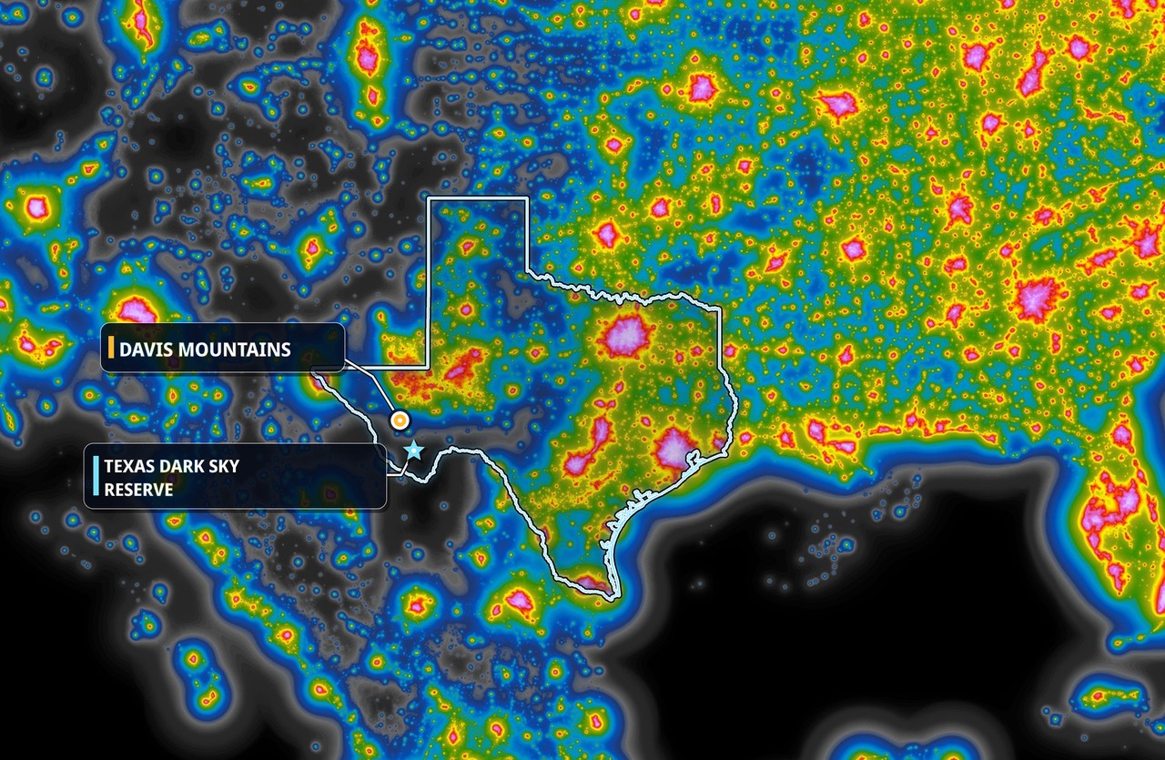 Texas light pollution Bortle map showing Davis Mountains dark sky reserve and urban glow across the state